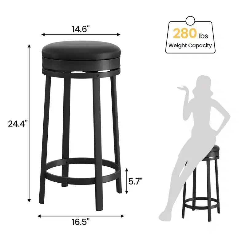 Sgabello da Bar Girevole in Metallo Nero, Seduta Rotonda Senza Schienale in Pelle PU con Poggiapiedi, Altezza Contatore 24", Set da 4