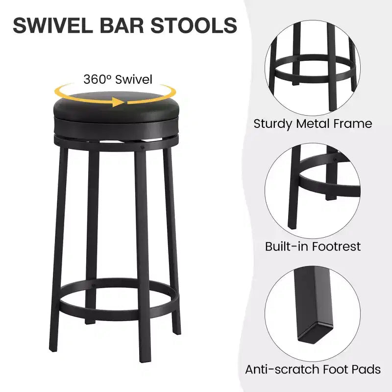 Sgabello da Bar Girevole in Metallo Nero, Seduta Rotonda Senza Schienale in Pelle PU con Poggiapiedi, Altezza Contatore 24", Set da 4