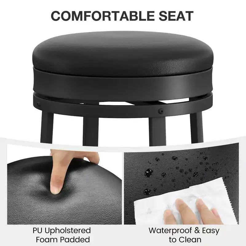 Sgabello da Bar Girevole in Metallo Nero, Seduta Rotonda Senza Schienale in Pelle PU con Poggiapiedi, Altezza Contatore 24", Set da 4