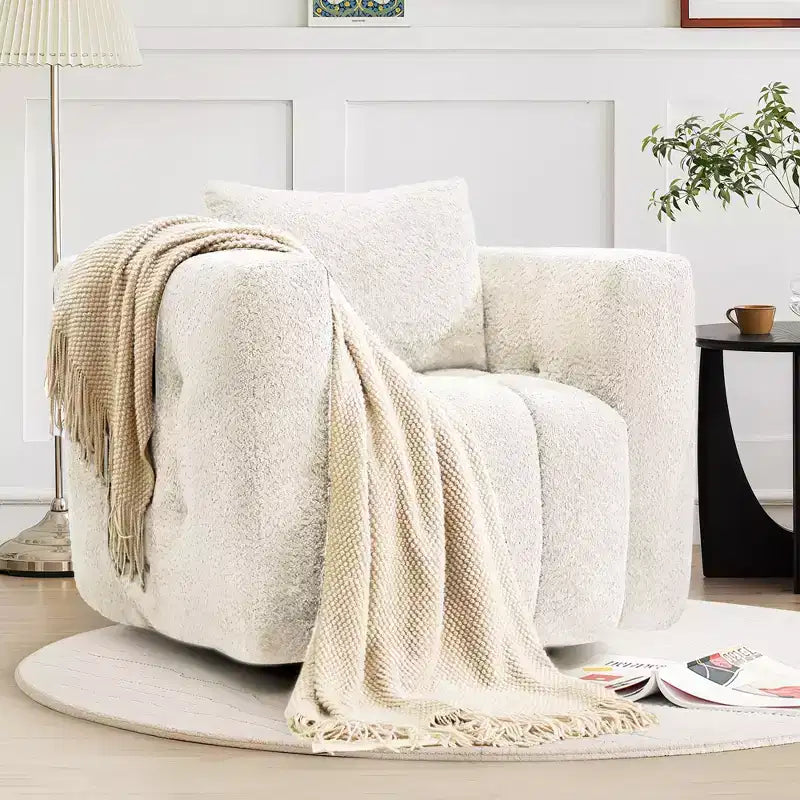 Poltrona girevole in tessuto beige/blu/marrone, struttura in legno, seduta singola