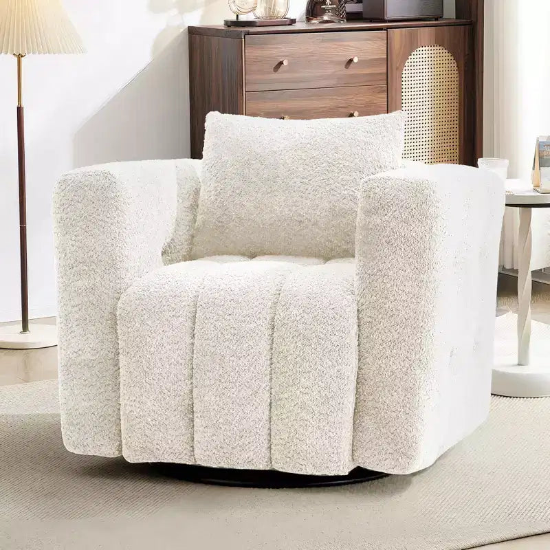 Poltrona girevole in tessuto beige/blu/marrone, struttura in legno, seduta singola
