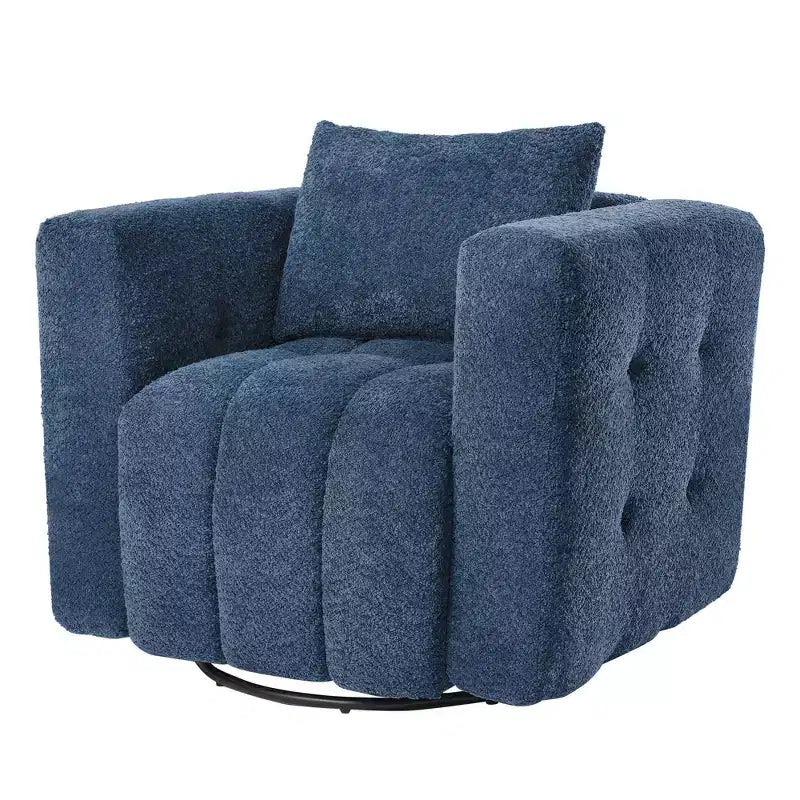 Poltrona girevole in tessuto beige/blu/marrone, struttura in legno, seduta singola