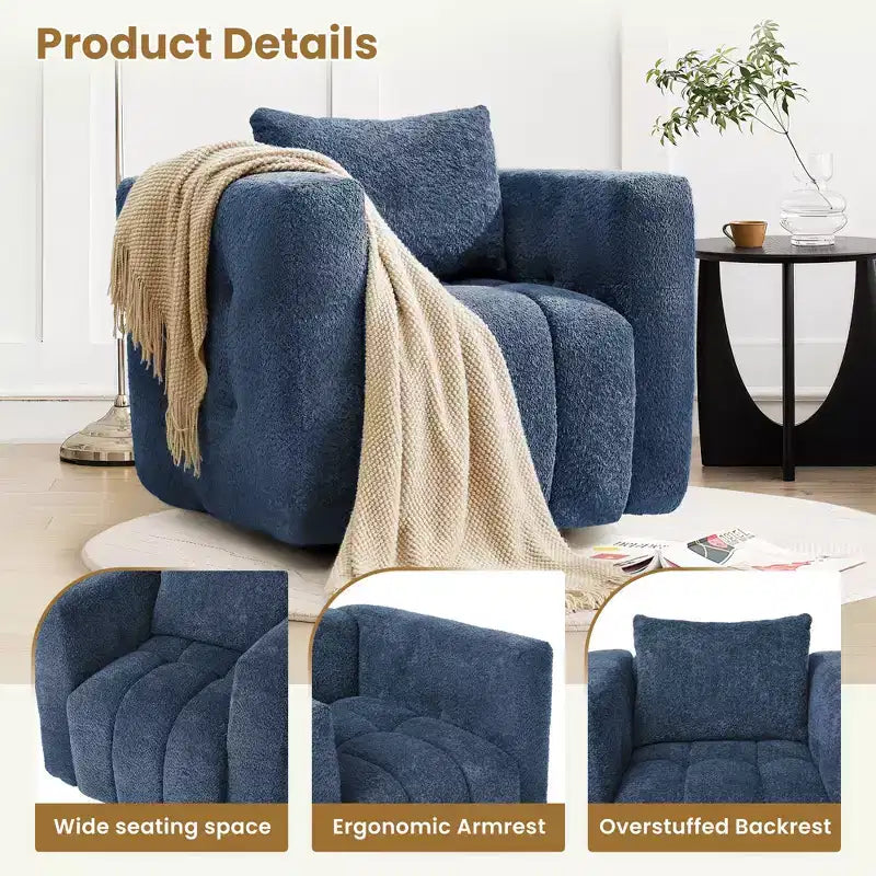 Poltrona girevole in tessuto beige/blu/marrone, struttura in legno, seduta singola