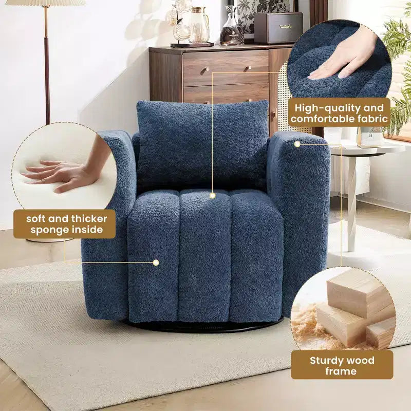 Poltrona girevole in tessuto beige/blu/marrone, struttura in legno, seduta singola