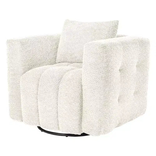 Poltrona girevole in tessuto beige/blu/marrone, struttura in legno, seduta singola