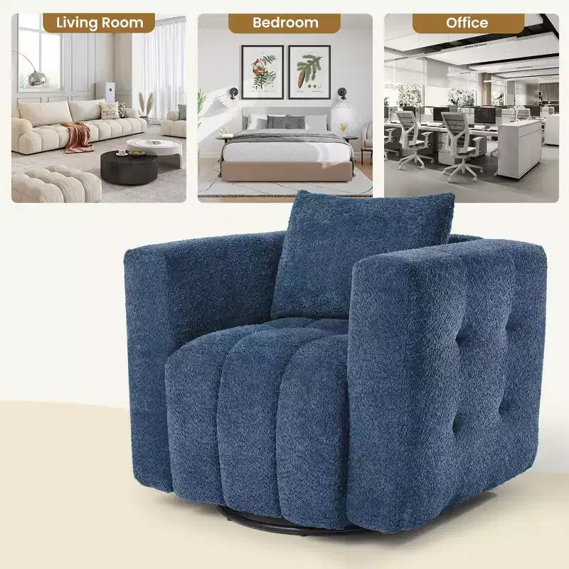 Poltrona girevole in tessuto beige/blu/marrone, struttura in legno, seduta singola