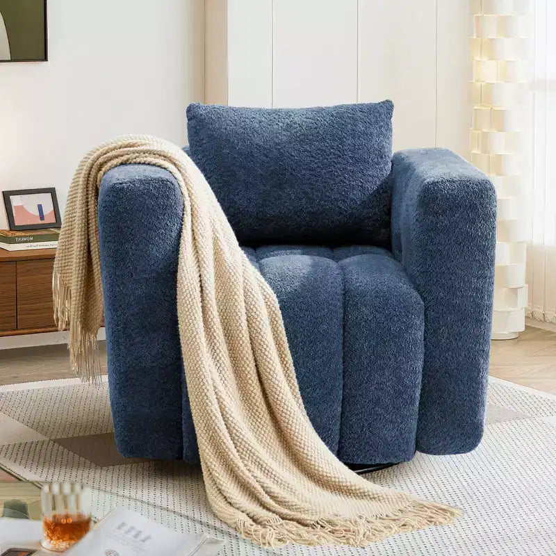 Poltrona girevole in tessuto beige/blu/marrone, struttura in legno, seduta singola