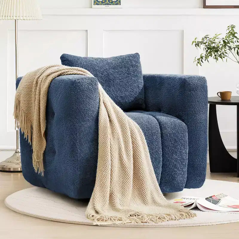 Poltrona girevole in tessuto beige/blu/marrone, struttura in legno, seduta singola