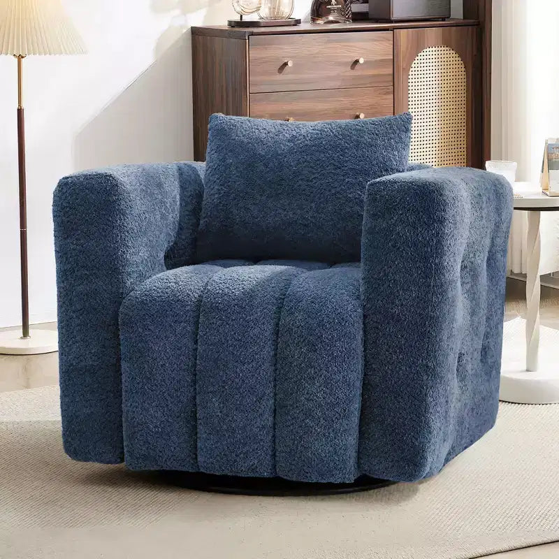 Poltrona girevole in tessuto beige/blu/marrone, struttura in legno, seduta singola