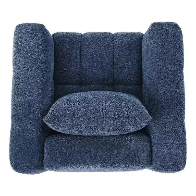 Poltrona girevole in tessuto beige/blu/marrone, struttura in legno, seduta singola