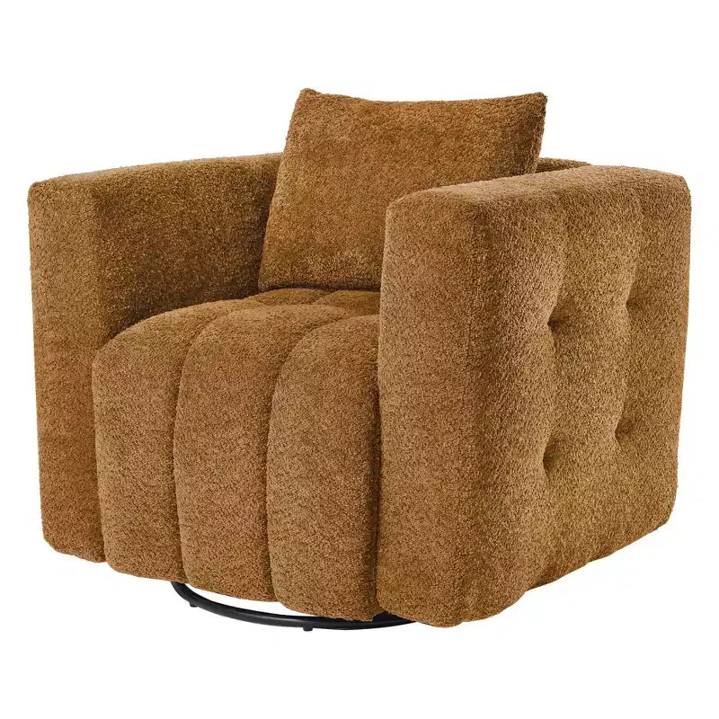 Poltrona girevole in tessuto beige/blu/marrone, struttura in legno, seduta singola