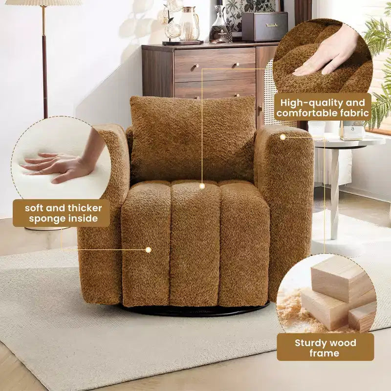 Poltrona girevole in tessuto beige/blu/marrone, struttura in legno, seduta singola
