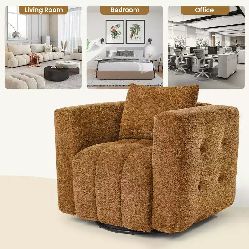 Poltrona girevole in tessuto beige/blu/marrone, struttura in legno, seduta singola