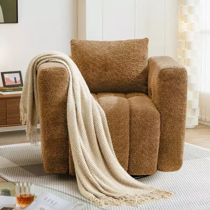 Poltrona girevole in tessuto beige/blu/marrone, struttura in legno, seduta singola
