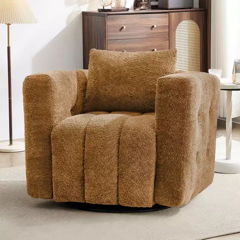 Poltrona girevole in tessuto beige/blu/marrone, struttura in legno, seduta singola