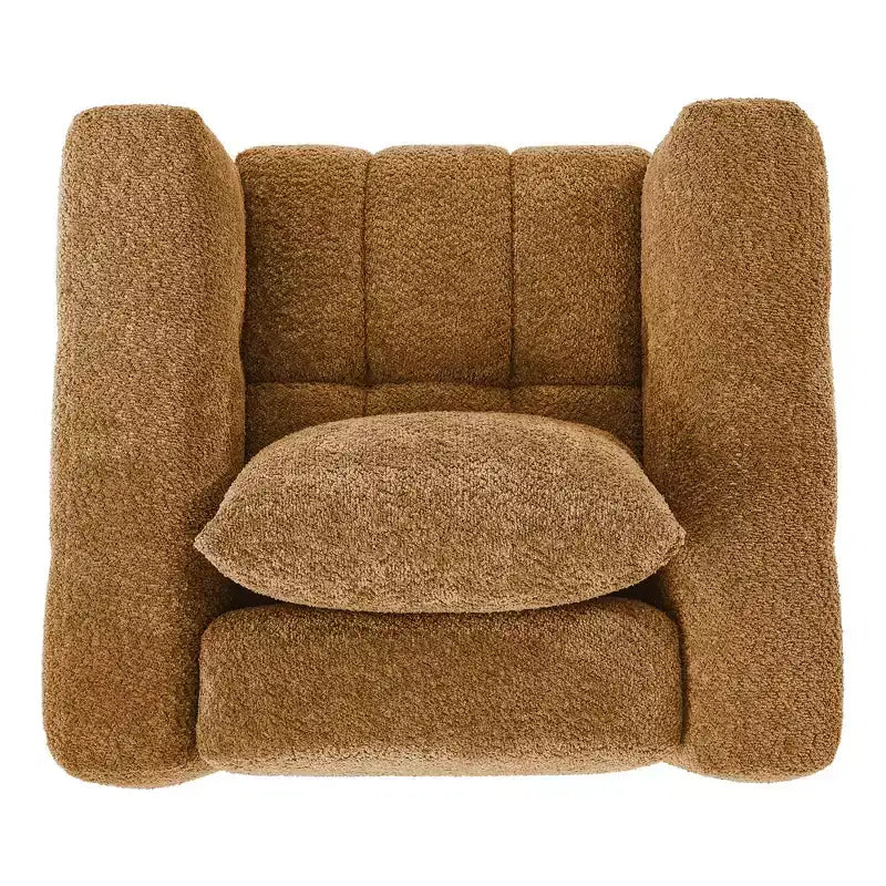 Poltrona girevole in tessuto beige/blu/marrone, struttura in legno, seduta singola