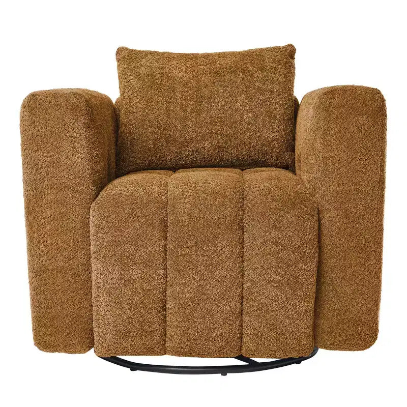 Poltrona girevole in tessuto beige/blu/marrone, struttura in legno, seduta singola