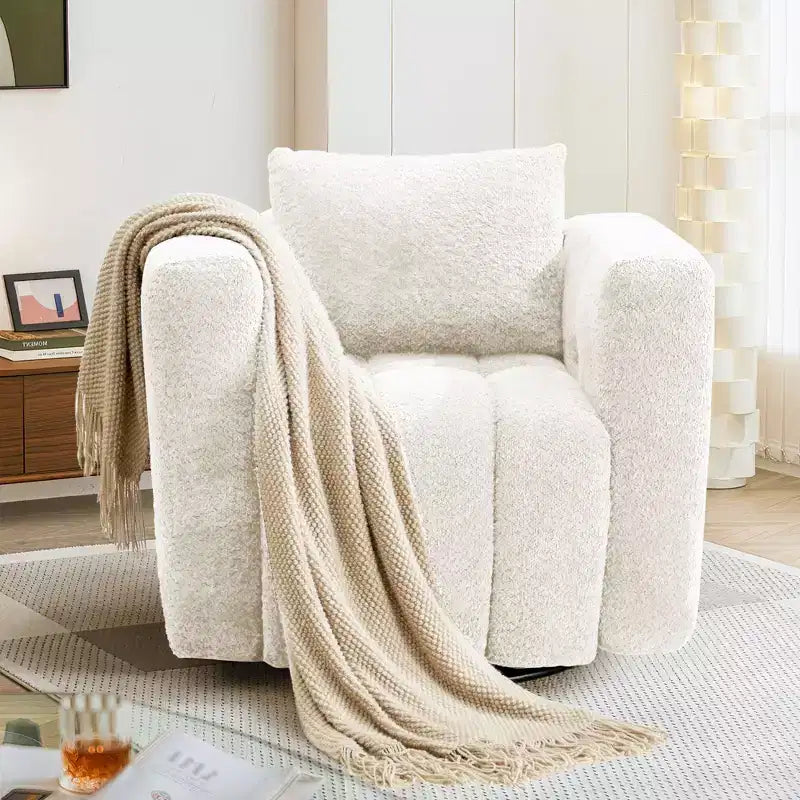 Poltrona girevole in tessuto beige/blu/marrone, struttura in legno, seduta singola