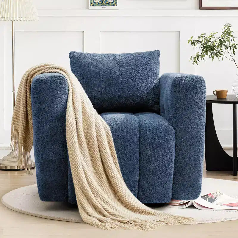 Poltrona girevole in tessuto beige/blu/marrone, struttura in legno, seduta singola