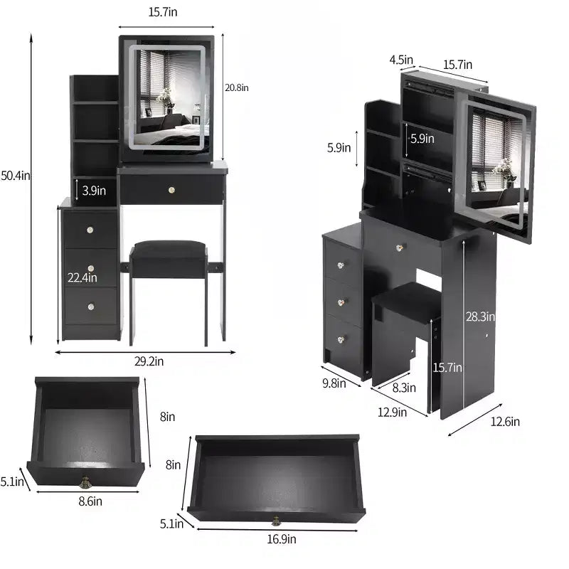 Toeletta Nera con Specchio a LED e Sgabello Imbottito, 1 Persona
