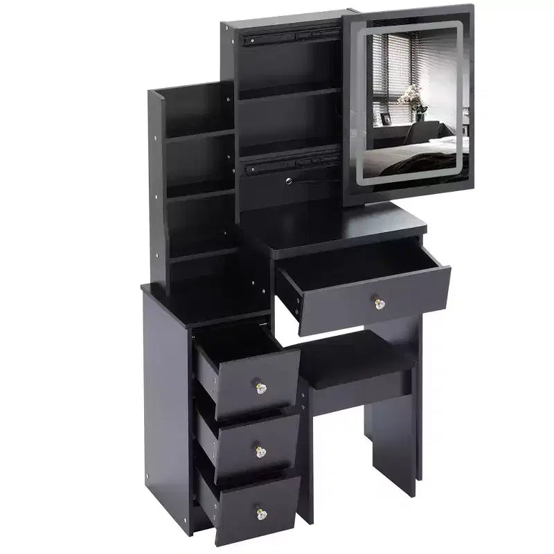 Toeletta Nera con Specchio a LED e Sgabello Imbottito, 1 Persona