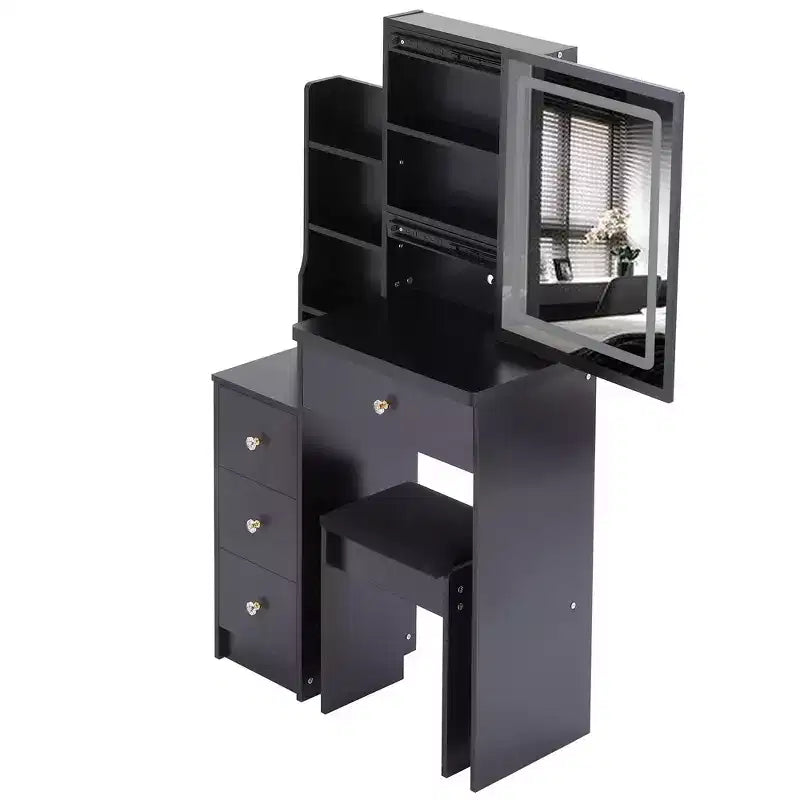 Toeletta Nera con Specchio a LED e Sgabello Imbottito, 1 Persona