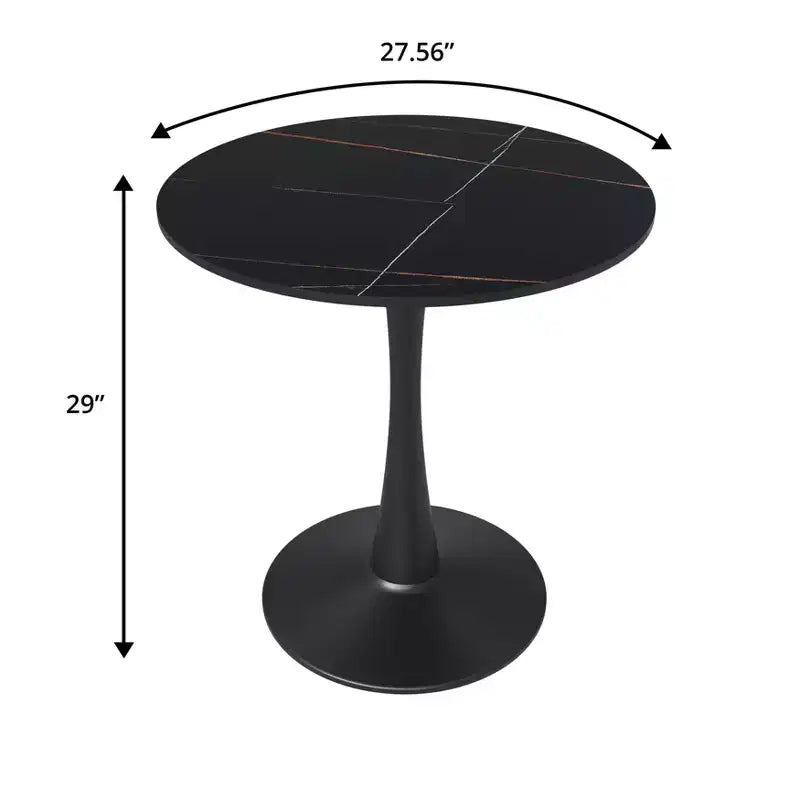 Tavolo da pranzo rotondo da 27", piano in pietra sinterizzata e base a piedistallo in acciaio, 3 posti – Nero / Legno naturale / Bianco