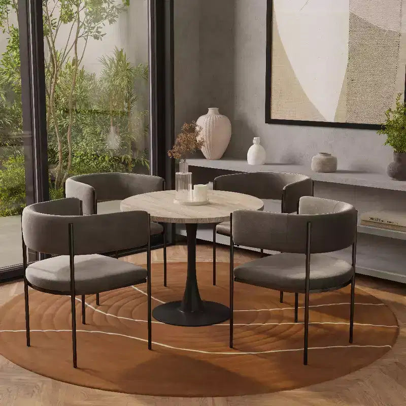 Tavolo da pranzo rotondo da 27", piano in pietra sinterizzata e base a piedistallo in acciaio, 3 posti – Nero / Legno naturale / Bianco