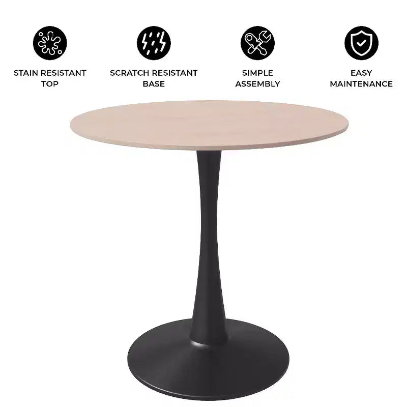 Tavolo da pranzo rotondo da 27", piano in pietra sinterizzata e base a piedistallo in acciaio, 3 posti – Nero / Legno naturale / Bianco