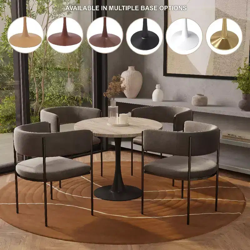 Tavolo da pranzo rotondo da 27", piano in pietra sinterizzata e base a piedistallo in acciaio, 3 posti – Nero / Legno naturale / Bianco