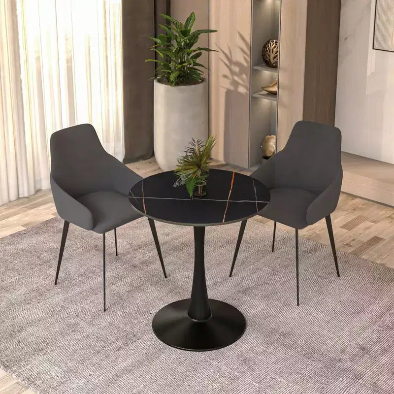 Tavolo da pranzo rotondo da 27", piano in pietra sinterizzata e base a piedistallo in acciaio, 3 posti – Nero / Legno naturale / Bianco