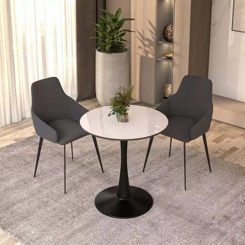 Tavolo da pranzo rotondo da 27", piano in pietra sinterizzata e base a piedistallo in acciaio, 3 posti – Nero / Legno naturale / Bianco
