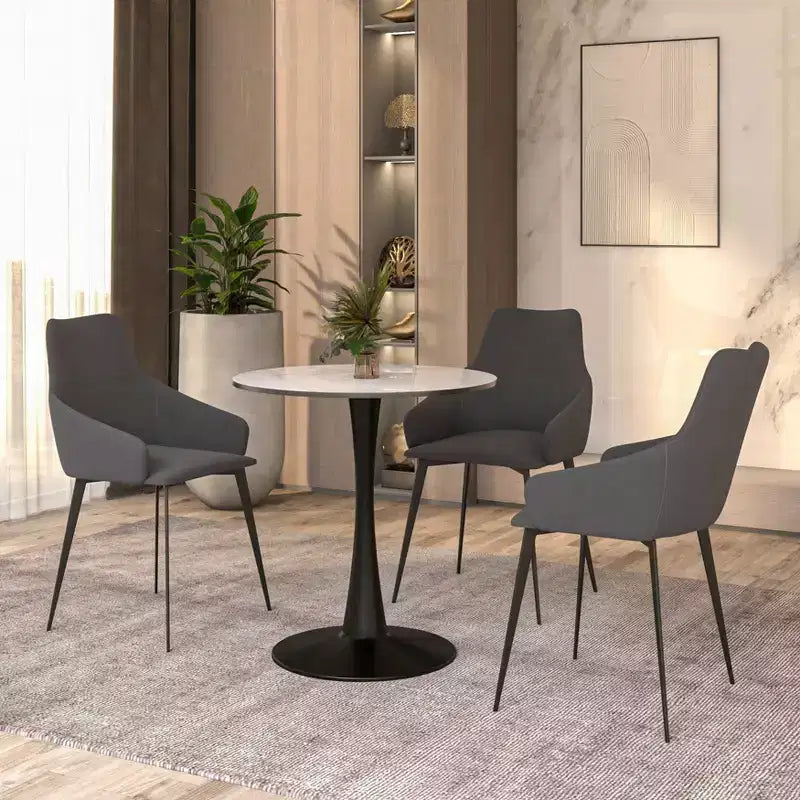 Tavolo da pranzo rotondo da 27", piano in pietra sinterizzata e base a piedistallo in acciaio, 3 posti – Nero / Legno naturale / Bianco