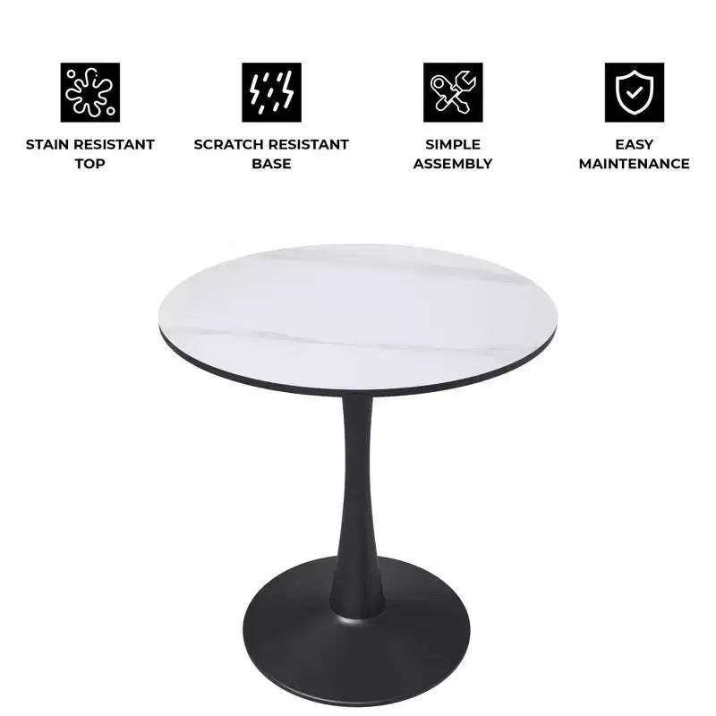 Tavolo da pranzo rotondo da 27", piano in pietra sinterizzata e base a piedistallo in acciaio, 3 posti – Nero / Legno naturale / Bianco