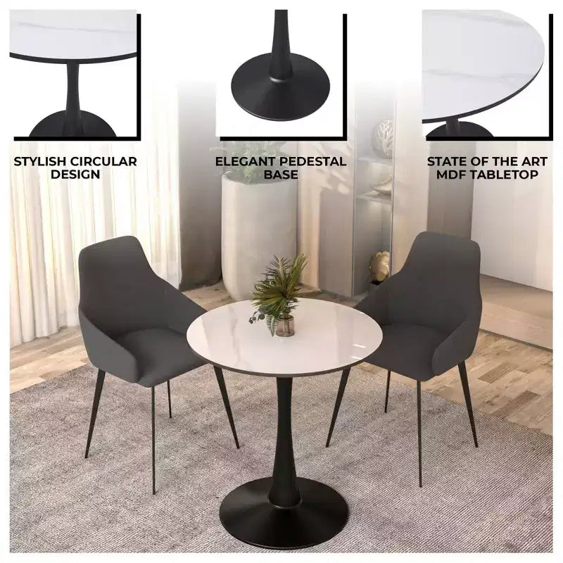 Tavolo da pranzo rotondo da 27", piano in pietra sinterizzata e base a piedistallo in acciaio, 3 posti – Nero / Legno naturale / Bianco