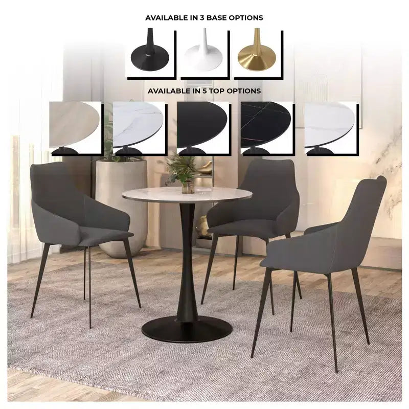 Tavolo da pranzo rotondo da 27", piano in pietra sinterizzata e base a piedistallo in acciaio, 3 posti – Nero / Legno naturale / Bianco