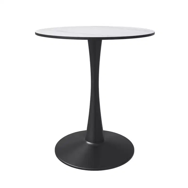 Tavolo da pranzo rotondo da 27", piano in pietra sinterizzata e base a piedistallo in acciaio, 3 posti – Nero / Legno naturale / Bianco
