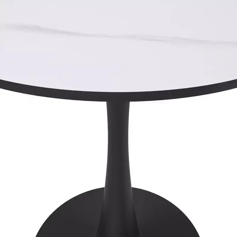 Tavolo da pranzo rotondo da 27", piano in pietra sinterizzata e base a piedistallo in acciaio, 3 posti – Nero / Legno naturale / Bianco