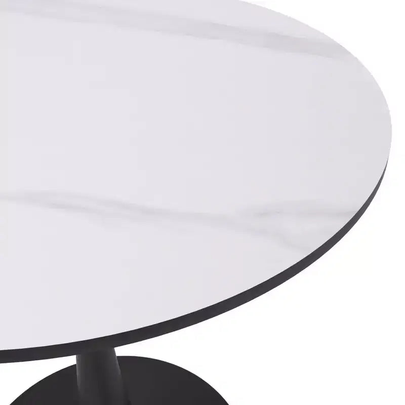 Tavolo da pranzo rotondo da 27", piano in pietra sinterizzata e base a piedistallo in acciaio, 3 posti – Nero / Legno naturale / Bianco