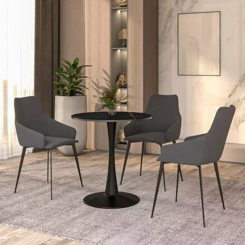 Tavolo da pranzo rotondo da 27", piano in pietra sinterizzata e base a piedistallo in acciaio, 3 posti – Nero / Legno naturale / Bianco