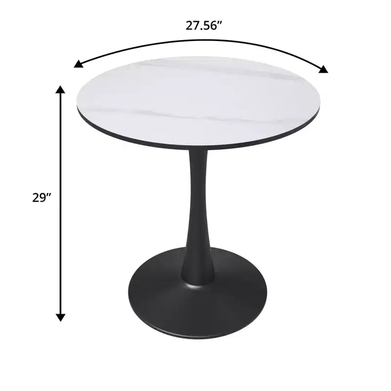 Tavolo da pranzo rotondo da 27", piano in pietra sinterizzata e base a piedistallo in acciaio, 3 posti – Nero / Legno naturale / Bianco