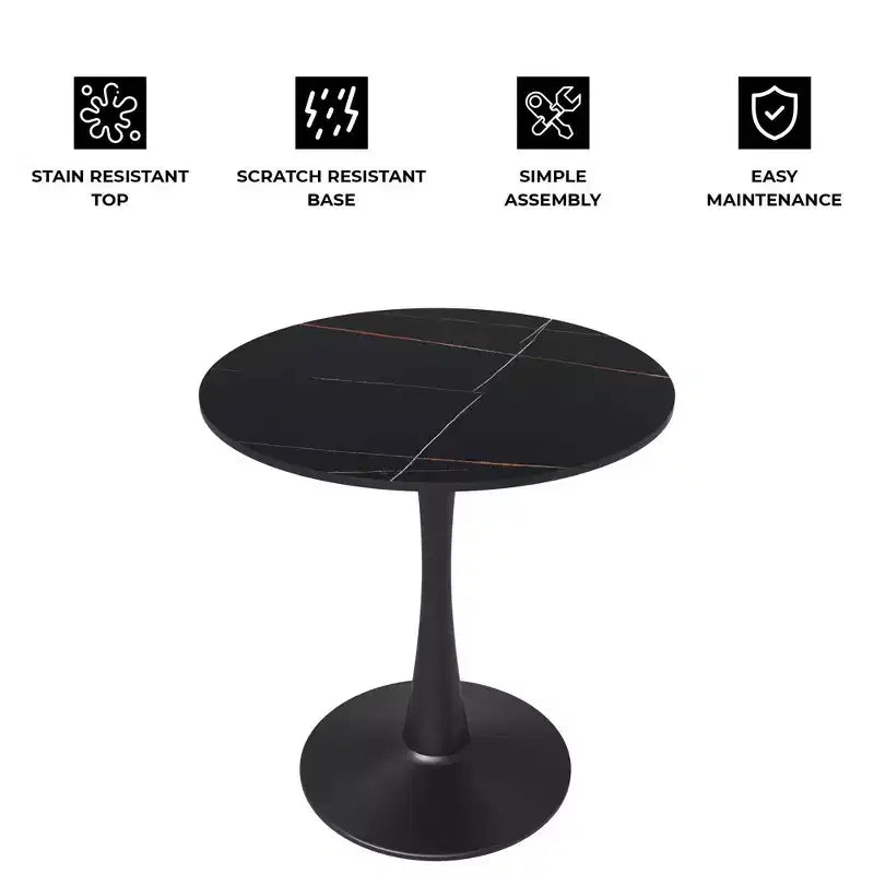 Tavolo da pranzo rotondo da 27", piano in pietra sinterizzata e base a piedistallo in acciaio, 3 posti – Nero / Legno naturale / Bianco