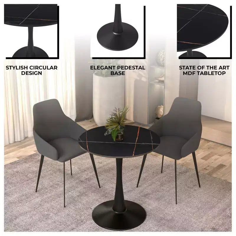 Tavolo da pranzo rotondo da 27", piano in pietra sinterizzata e base a piedistallo in acciaio, 3 posti – Nero / Legno naturale / Bianco