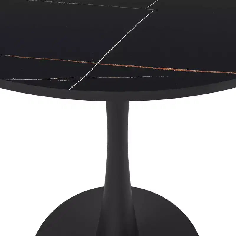 Tavolo da pranzo rotondo da 27", piano in pietra sinterizzata e base a piedistallo in acciaio, 3 posti – Nero / Legno naturale / Bianco