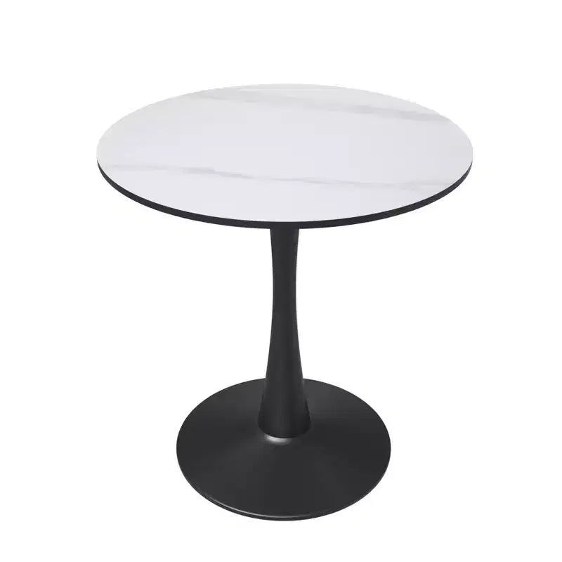 Tavolo da pranzo rotondo da 27", piano in pietra sinterizzata e base a piedistallo in acciaio, 3 posti – Nero / Legno naturale / Bianco