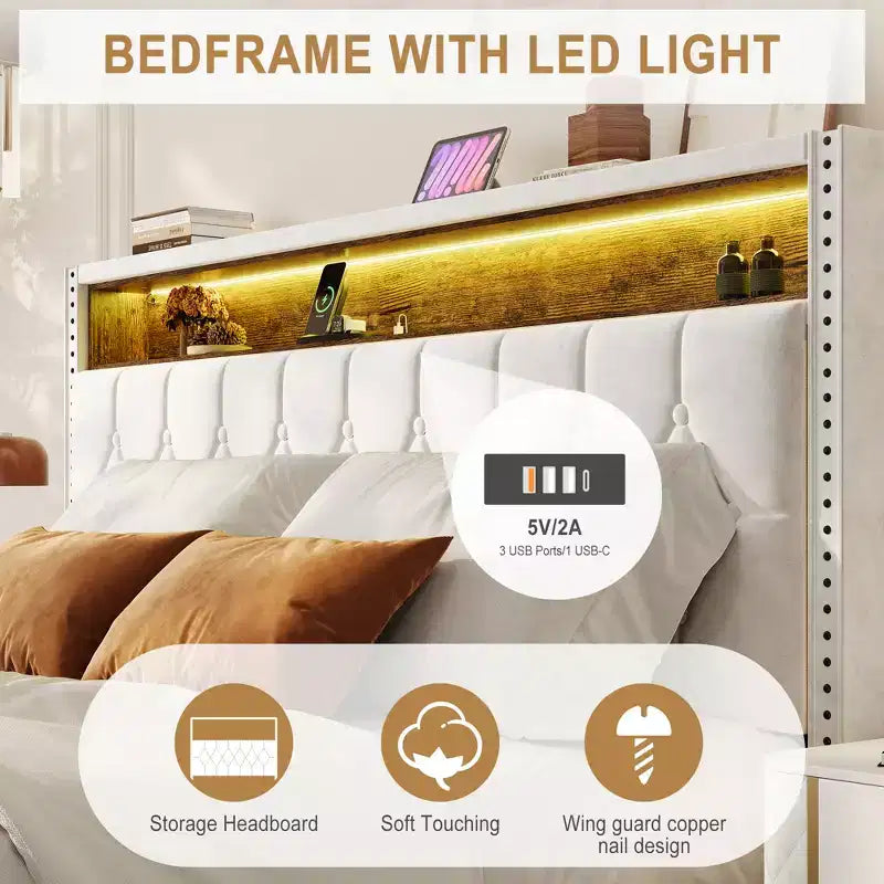 Letto a piattaforma imbottito beige con testiera e ricarica USB, Matrimoniale/Queen/King, 1-2 persone