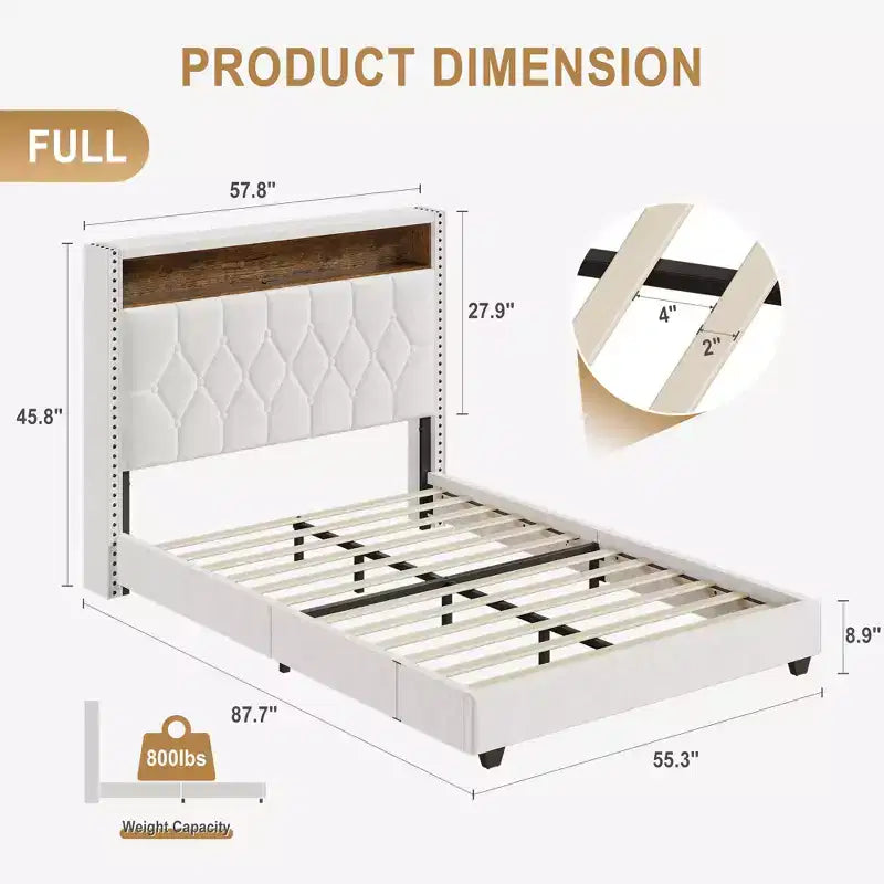 Letto a piattaforma imbottito beige con testiera e ricarica USB, Matrimoniale/Queen/King, 1-2 persone