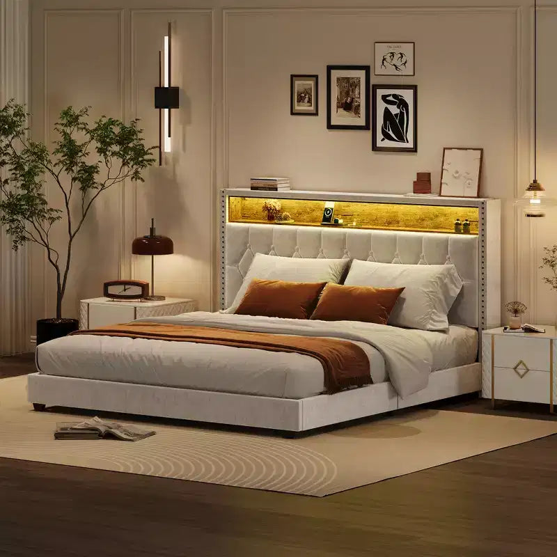 Letto a piattaforma imbottito beige con testiera e ricarica USB, Matrimoniale/Queen/King, 1-2 persone