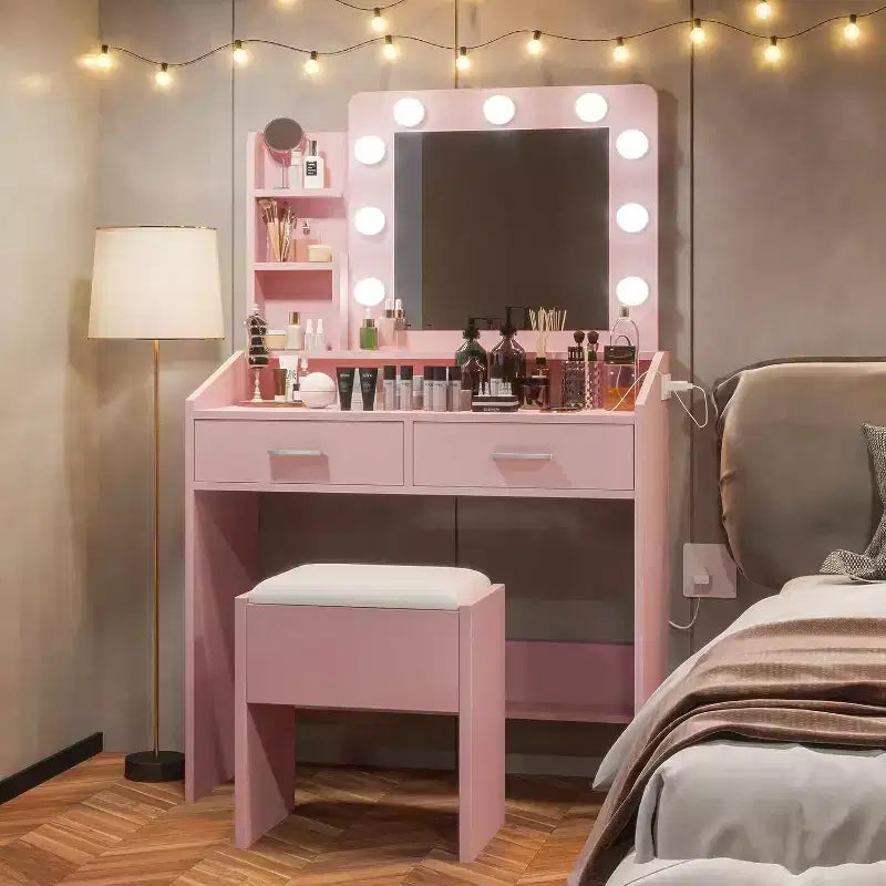 Toeletta con Specchio, Luci LED, 4 Cassetti e Presa di Corrente – Nero/Rosa/Bianco – 1 Persona