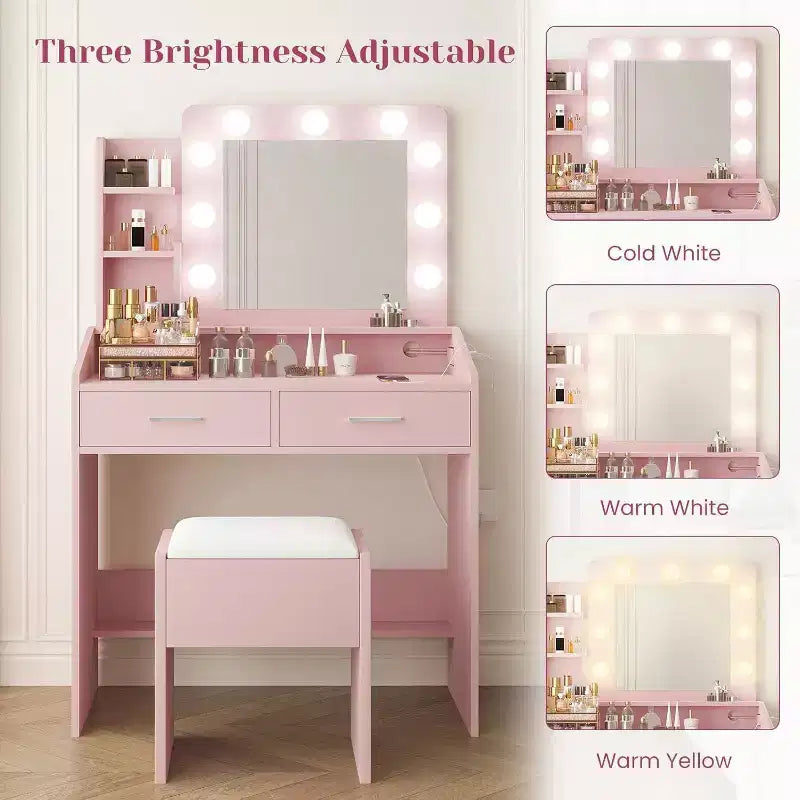 Toeletta con Specchio, Luci LED, 4 Cassetti e Presa di Corrente – Nero/Rosa/Bianco – 1 Persona